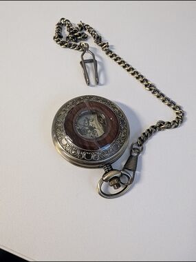 Antique-Style Bronze Pocket Watch with Wood Accent - Brown/Gold